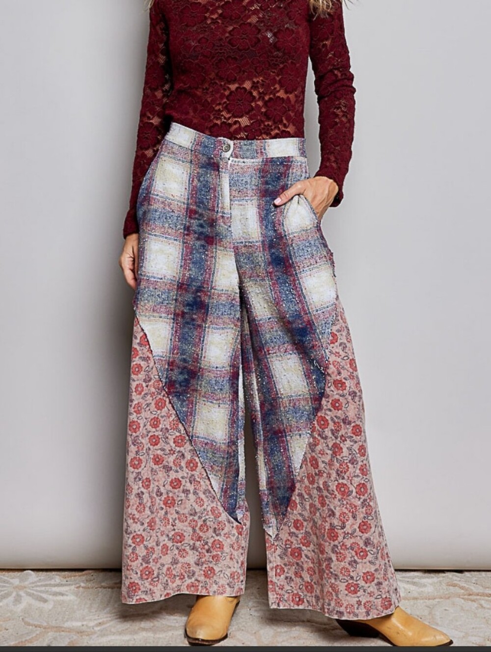POL Vintage Washed Plaid And Floral Wide-Leg Pants NWT Various Sizes